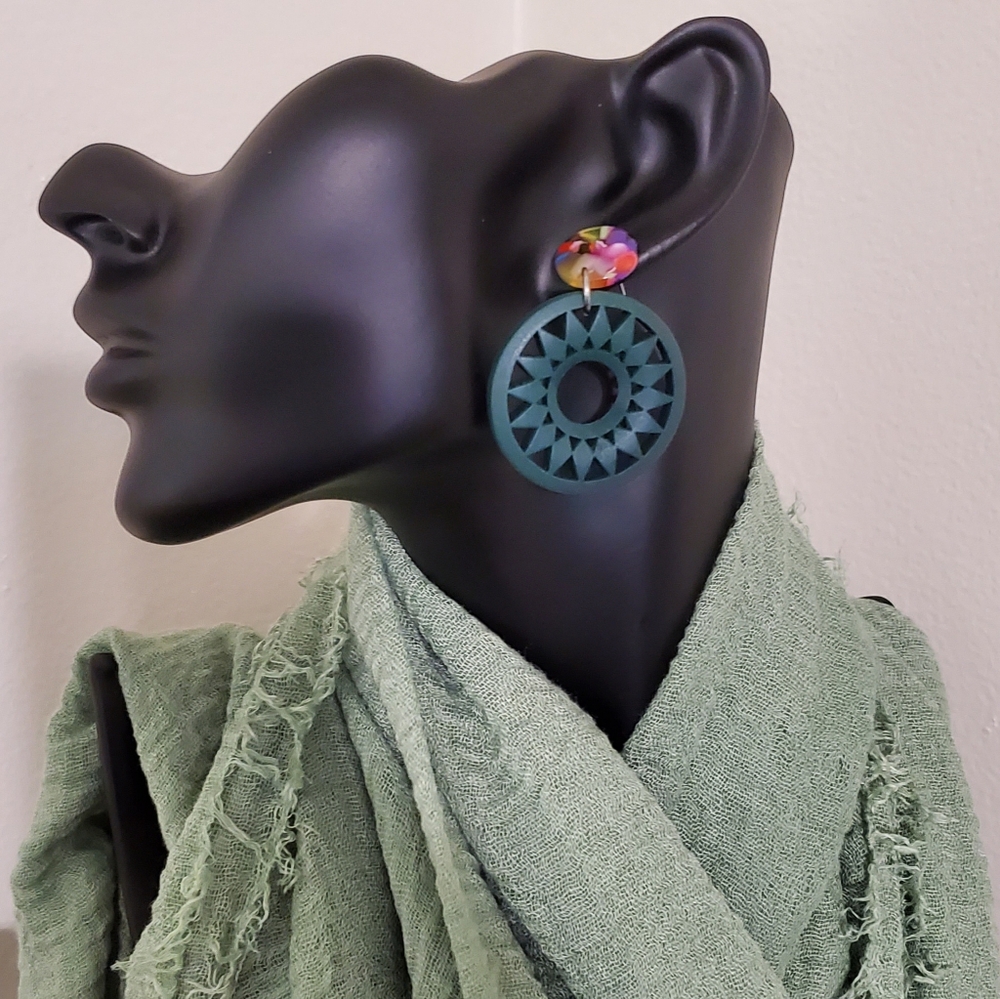 Green Wood Earrings with Marble Ear Posts